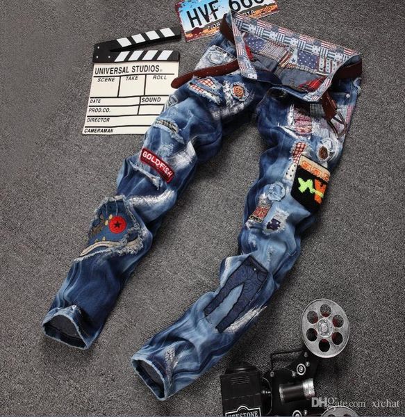 

2019 korea style big size jeans men's labeling patch style fashio hole jeans denim pants white casual streight leg jeans 967, Blue