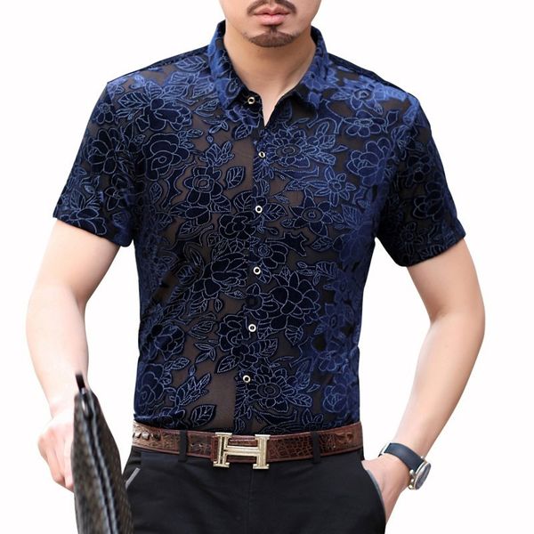 

velvet shirt hawaiian man shirt camicia uomo transparent flower short sleeve man camisa hombre streetwear camisa social, White;black