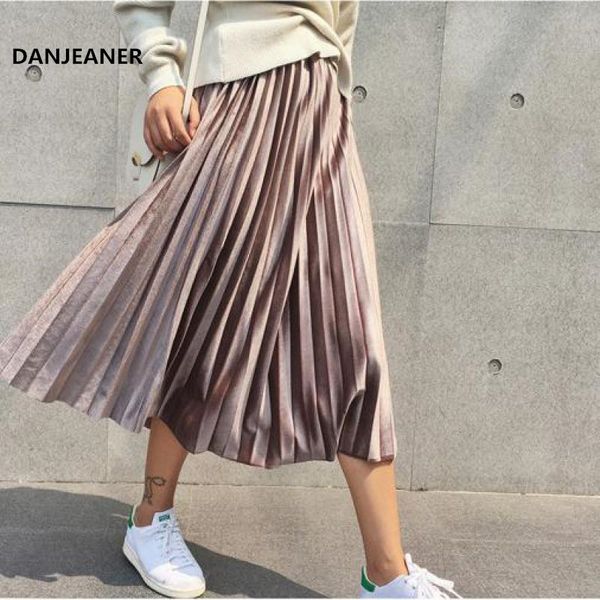 

danjeaner spring women long metallic silver maxi pleated midi high waist elascity casual party skirt vintage mx190731, Black