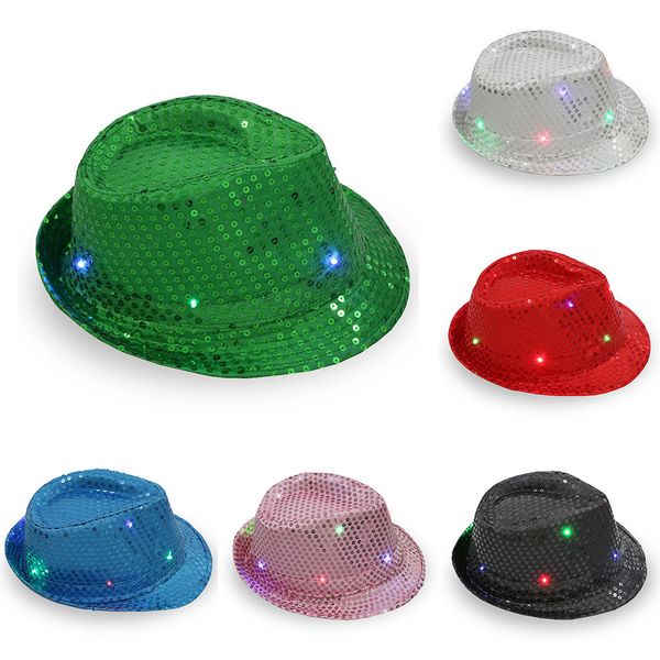 

hat fancy colorful flashing light up led fedora trilby sequin fancy dress dance party hat sombrero #yjp, Blue;gray