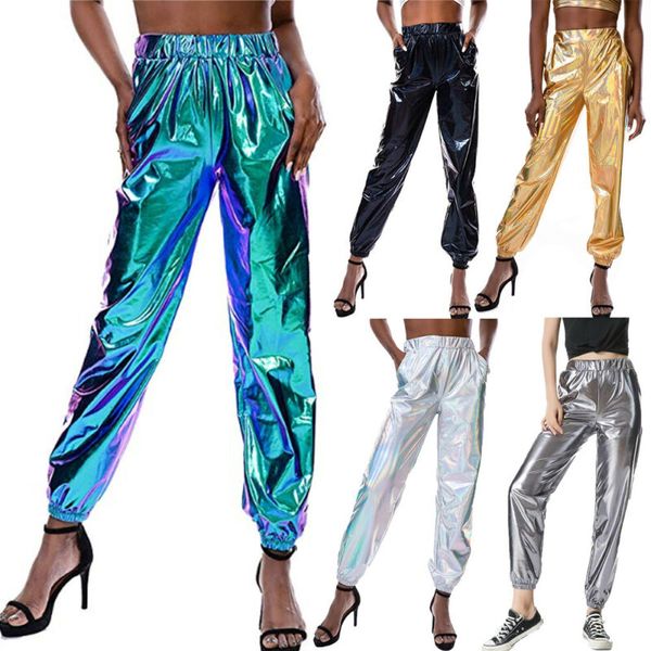 

fashion women metallic shiny jogger pants casual high waist holographic color trouser skinny slim streetwear party clothing, Black;white