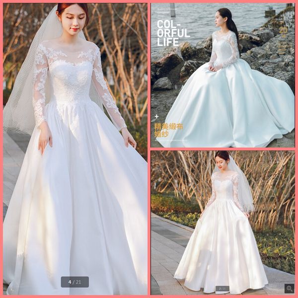

robe de mariage 2019 white satin a line long sleeve lace appliques wedding dress scoop neckline sheer back corset bridal gowns selling