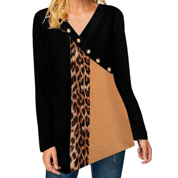 

леопард лоскутное топ женщины с длинным рукавом футболка 2020 v-образным вырезом топы tee осень свободные футболки женская мода топ леди ули, White