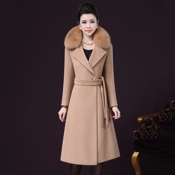 

long widdle-aged woolen coat solid color fur collar cashmere coat warm winter casual turn-down collar outerwear with belt, Black