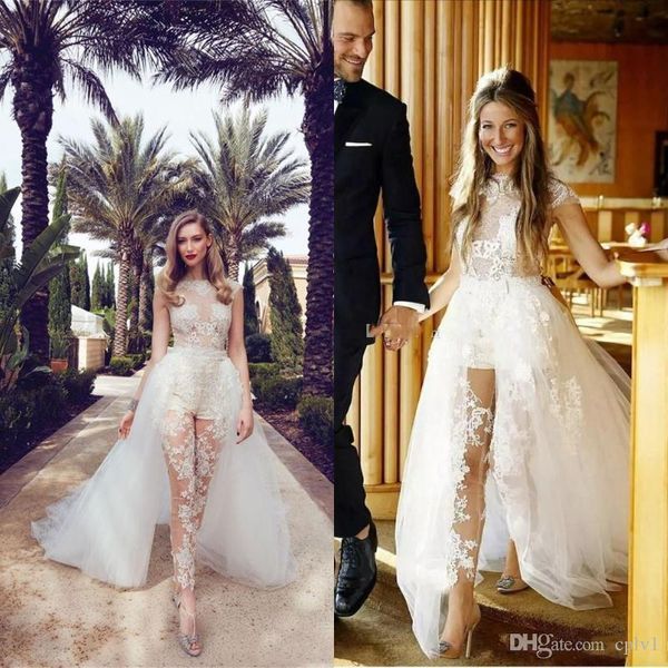 

long dress beach wedding dresses bridal gowns illusion jumpsuits with detachable train lace appliques cap sleeves tulle overskirt pocket gow, White