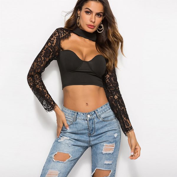 

choker lace patchwork crop tshirt long sleeve woman 2019 spring summer black short tank crop tee tshirts streetwear 2946ly, White