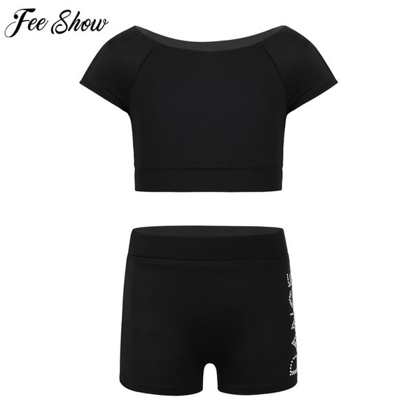 

girls black short sleeve tankini crop shorts set child ballet dance sports workout gymnastics suits kids dance wear