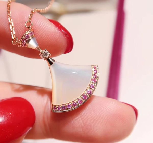 

s925 sterling silver sapphire pink diamond skirt white mother-of-pearl necklace tanabata valentine's day fan pendant