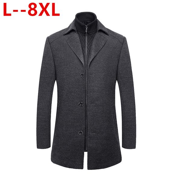 

8xl 6xl 5xl men winter warm trench woolen coat slim fit casual reefer jackets solid stand collar double breasted peacoat parka, Black