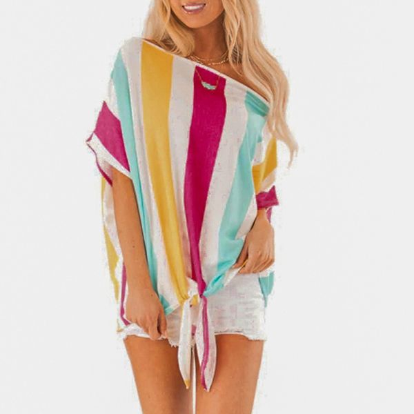 

mix striped print rolled up tshirt casual loose scoop neck colorblock t shirt women summer short sleeve, White