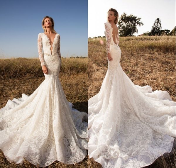 

2019 new long sleeves mermaid wedding dresses bridal gowns deep v neckline custom made trumpet boho beach vestidos de novia, White