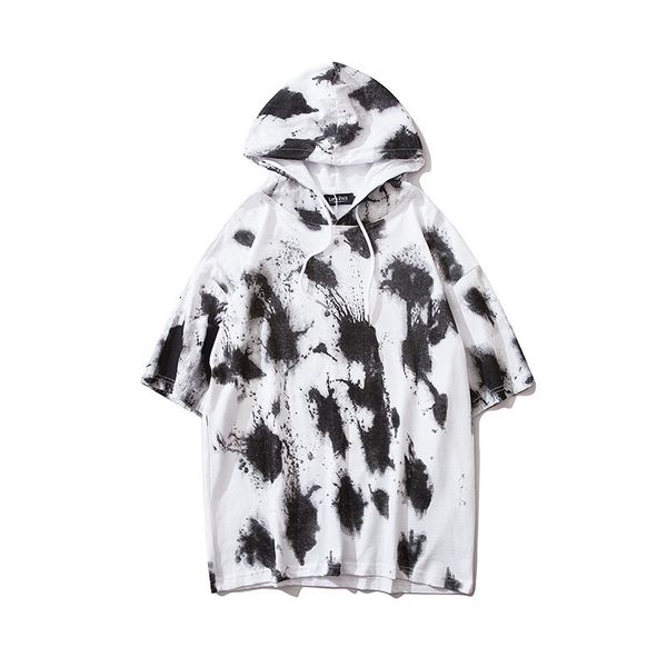

mens designer splash-ink hooded tees fashion natural color loose tees casual pullover short sleeve hoodies mens clothing, Black