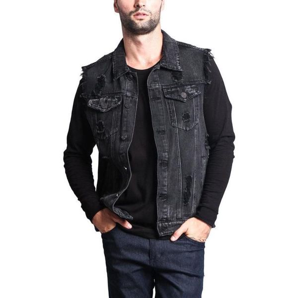 

plus size men's sleeveless jacket coat 2020 vintage hole tassel denim vests blue black outerwear ripped pocket waistcoat summer, Black;white