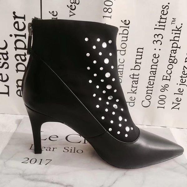 

shinny glitter stiletto heels women's boot genuine leather pointed toe fashion fall booties, Black