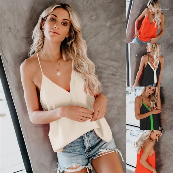 

women v neck casual loose camis simple famale tank ladies summer contrast color crop, White