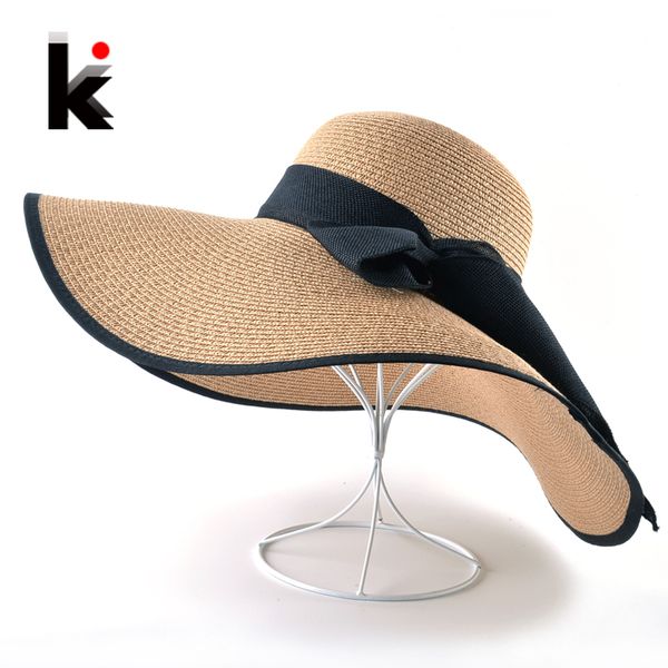 

fashion straw hat for women summer casual wide brim sun cap with bow-knot ladies vacation beach hats big visor floppy chapeau, Blue;gray