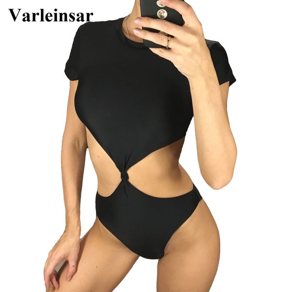 

black trikini cut out knotted one piece swimsuit women swimwear female 2019 bather high neck bathing suit swim wear v975, White;black