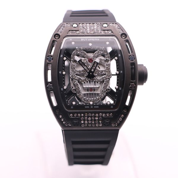 

boyuheng transparent quartz movement 43mm diamond hollow white skull skeleton dial mens watches rubber band great watch wristwatches, Slivery;brown