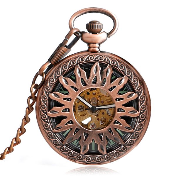Relógios clássicos retrô de cobre/prata oco caixa de fogo unissex automático mecânico relógio de bolso com algarismos romanos mostrador pingente corrente presente