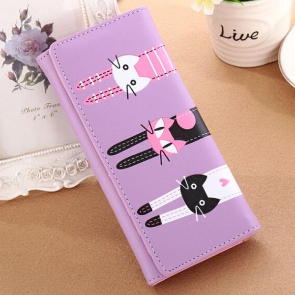 

long cute cats wallet cartoon leather change bag coin purse women girl cute wallet clutch bag student ladies lovely, Red;black