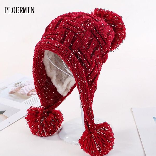 

fashion women's winter hat with ears warm fleece inside beanie cap girl knitted hats for female thick skullies pompom hat 11.11, Blue;gray