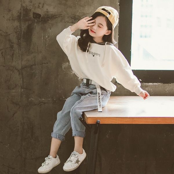 

2019 kids/children clothes girls fall outfits teen girls clothing hooded sweatshirt + jeans 2pcs 7 8 9 10 11 12 meisjes kleding, White