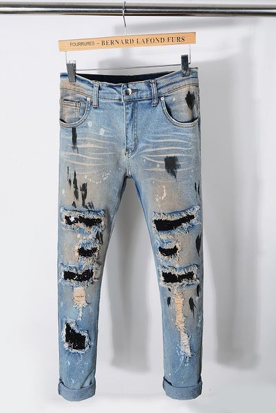 

new style fashion mens straight slim fit biker jeans pants distressed skinny ripped destroyed denim jeans washed hiphop trousers 2216, Blue