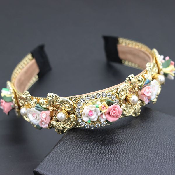 

metal circle porcelain flower palace headband new fashion baroque metal porcelain flower rhinestone geometric headband 864, Golden;white