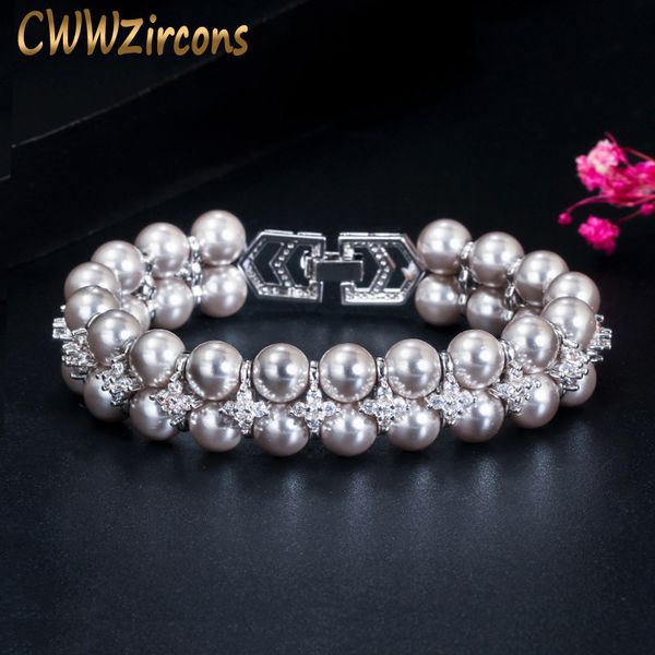 

cwwzircons elegant fashion silver big wide gray pearl bracelets with cubic zirconia women wedding party jewelry gift cb201, Golden;silver