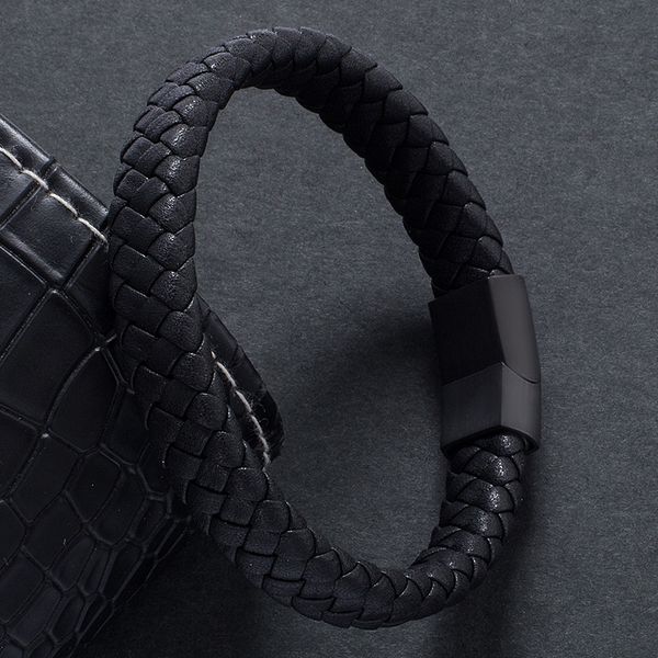 

charm bracelets fashion male jewelry braided leather bracelet handmade black stainless steel magnetic clasps men wrist band gifts pw740, Golden;silver