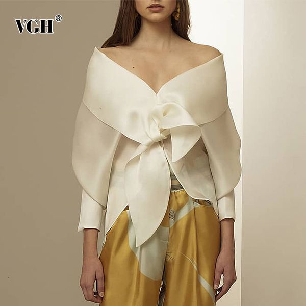 

vgh casual irregular lace up blouses for female slash neck off shoulder lantern long sleeve shirt women 2019 fashion clothse new, White