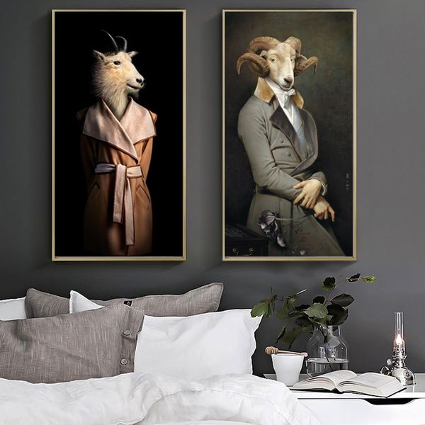 

canvas oil painting retro nostalgia sheep gentleman lady wall art ram animal poster prints living room home decor