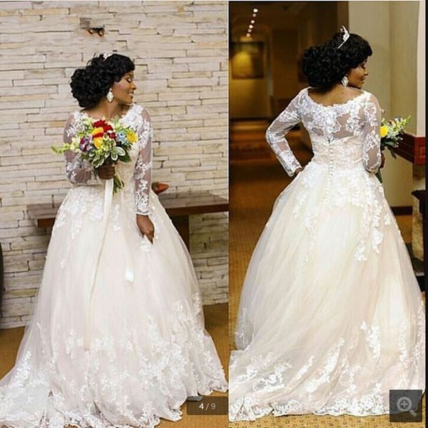 

white plus size wedding dress lace applique beaded long sleeve dubai african tulle modest bridal dresses 2019 robe de mariee bride dress
