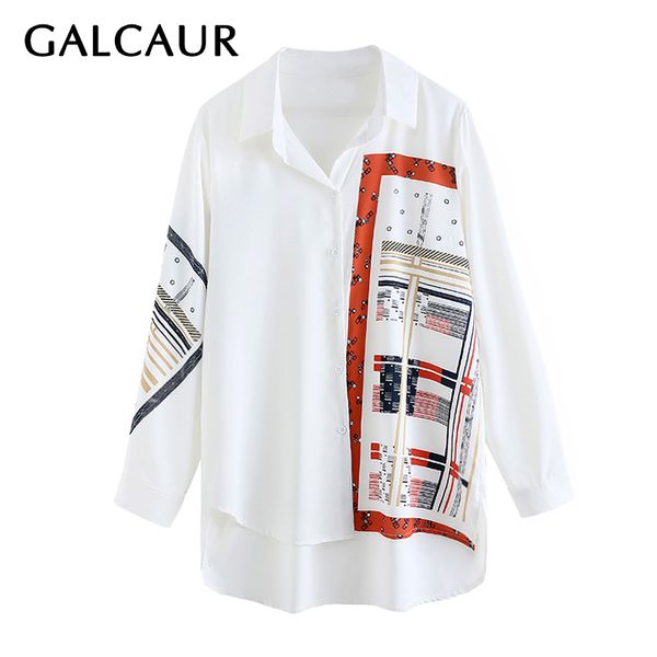 

galcaur vintage print hit color women's shirt lapel collar long sleeve plus size loose chic blouse female spring fashion 2020, White