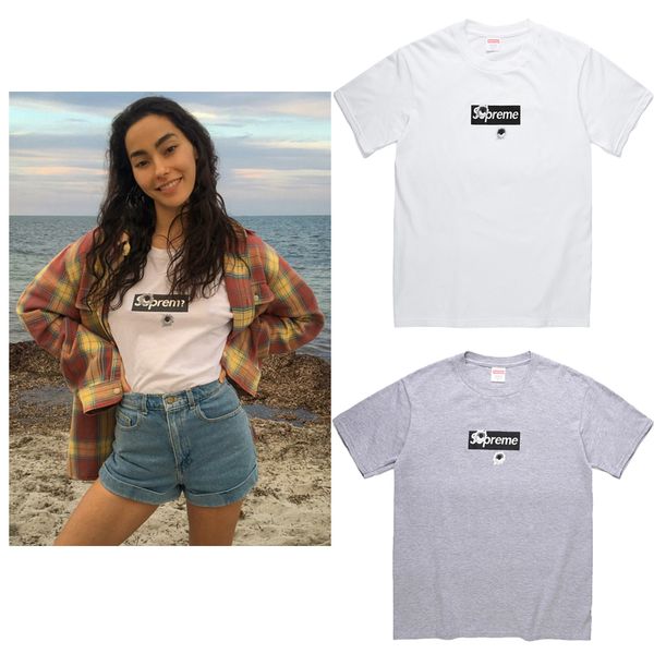 

tide brand supplier 2 colors trendy shibuya opening box logo tee bogo bullet hole t shirt round collar loose street hip hop style, Blue;gray