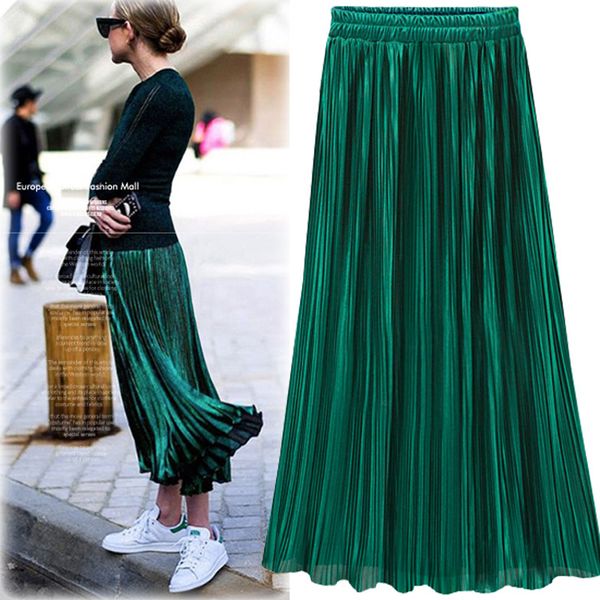 

silver gold pleated skirt womens vintage high waist skirt winter long warm skirts new fashion metallic skirt female, Black;gray