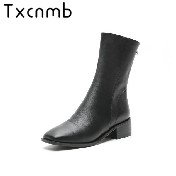 

txcnmb elegant round toe mid-calf boots women genuine leather women boots thick heel ladies shoes inside zipper shoes woman, Black
