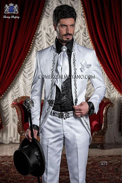 

white ivory satin italian embroidery men suits for wedding slim fit classic groom tuxedos formal party prom blazer long jacket, White;black
