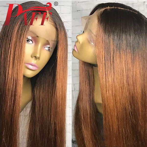 

paff ombre glueless lace front wigs silk base human hair pervain remy hair silky straight wigs dark roots pre plucked hairline, Black;brown