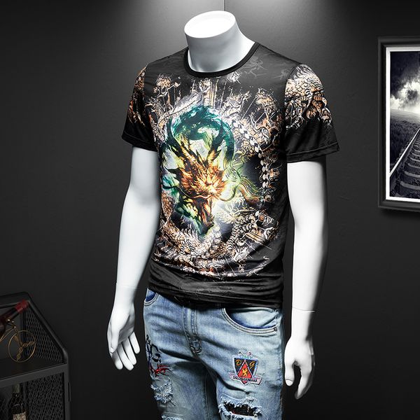 

2020 trendy male personality fashion ice silk short-sleeved t-shirt summer men's round neck half-sleeved trend wild casual top, White;black