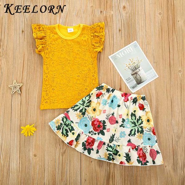 

keelorn toddler kids baby girl summer flying sleeve lace high waist floral skirt 2pcs girls clothing set kids outfits, White