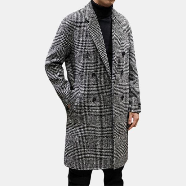 

casual double breasted mens wool overcoat winter 2019 houndstooth jacket men turn-down collar long woollen wind coat, Black;red