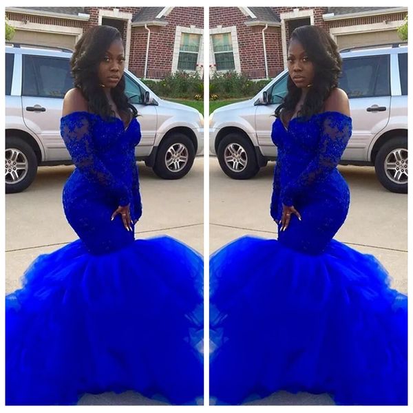 

с плеча кружева с длинными рукавами платья русалки выпускного вечера тонкий тюль развертки поезд длинные вечерние платья 2019 формальные сва, Black