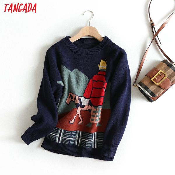 

tangada women school style cartoon pattern jumper sweater 2019 atumn winter fashion long sleeve knitted pullovers bc66, White;black