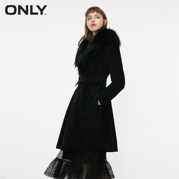 

only women's raccoon fur collar slim fit suede leather jacket |118328505, Black