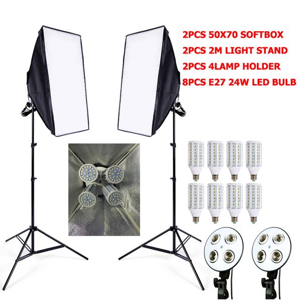 Freeshiping Fotobeleuchtung 8 Stück 24 W LED E27 Glühbirne + 2 Stück Lichtstativ + 2 Stück Softbox-Blitzreflektorschalter Fotostudio-Video-Beleuchtungsset