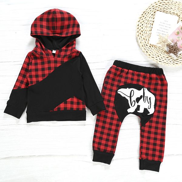 

toddler kids baby girls clothes set plaid hooded sweartshirt pants christmas outfits children xmas set autumn clothing, White