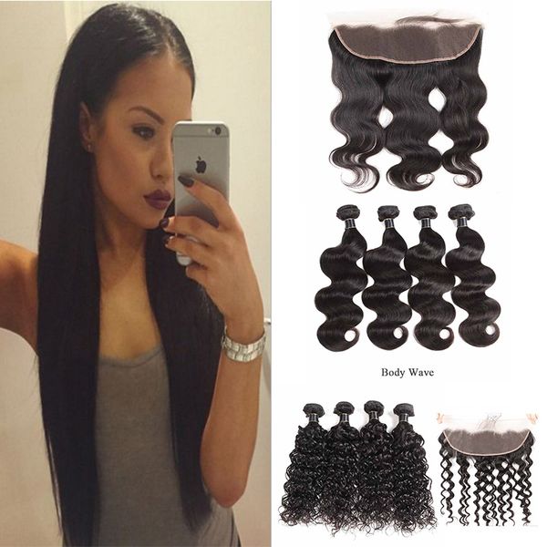 

связки малазийской перуанской бразильского virgin прямо объемная волна человеческих волос с 13x4 lace фронтального закрытием пачками deep ут, Black;brown