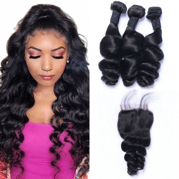 

3 пучки с закрытием необработанные малайзийские не реми волосы свободная волна пучки человеческих волос с закрытием, Black;brown