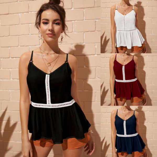 

2019 new summer fashion latest women ruffles solid v-neck strappy ruffled strap vest tank swing cami blouses t-shirt, White